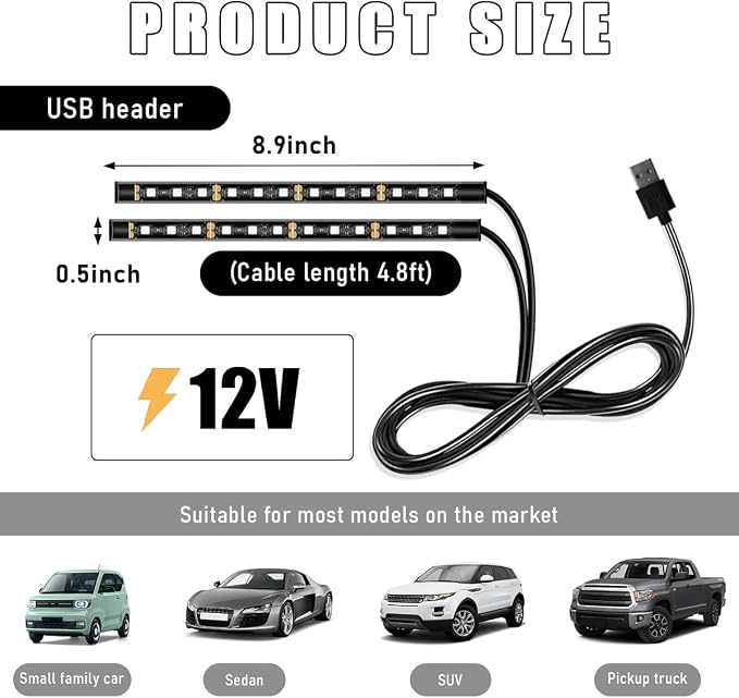 Wevdn Car Interior LED Strip Light, 12V 24 LED Waterproof Neon Ambient Night Light with USB Port, Automotive Atmosphere Decorative Under Dash Lighting Kit, Car Accessories (Pink Purple)
