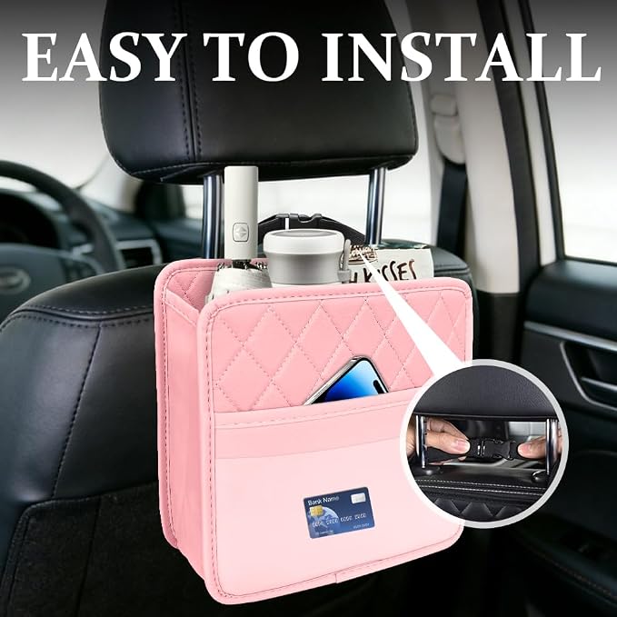 Car Seat Back Organizer, Car Organizers and Storage, PU Leather Vehicle Backseat Hanging Storage Pocket, Multipurpose Auto Organizer Hanging Universal for Most Vehicles (Pink)