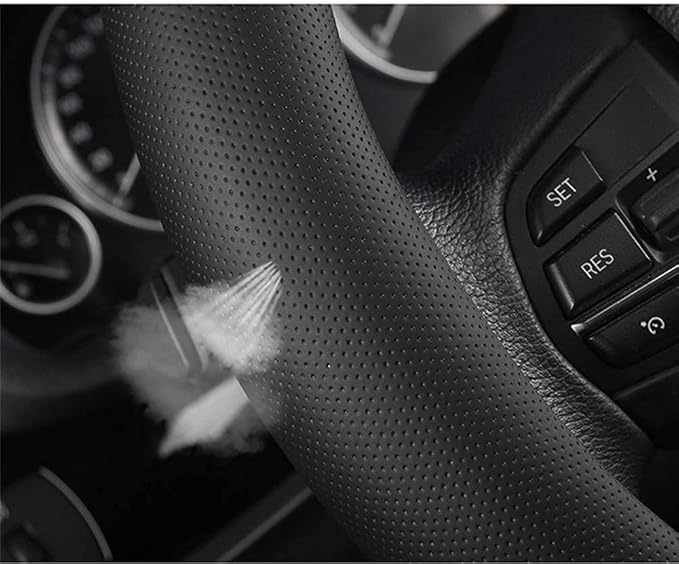 KAFEEK Carbon Fiber Steering Wheel Cover for Men, Car Accessories, Black | Universal 15 Inch Sporty & Thin Cover, Anti-Slip Breathable Leather with Racing Red Center Stripe