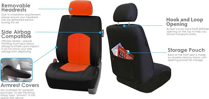 FH Group Automotive Seat Cover Highest Grade Faux Leather Orange Black Full Set, Combo Car Seat Cover Design Airbag Compatible Split Bench Tan Car Seat Cover Interior Accessories Universal Fit SUV