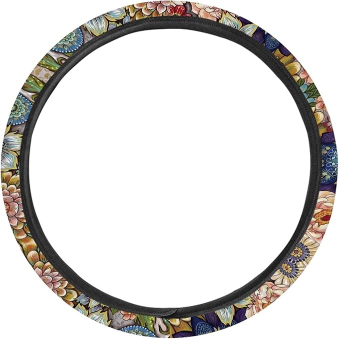 AFPANQZ Boho Floral Bright Blossoms Car Steering Wheel Covers for Womens Anti-Slip Comfortable Stretch-on Steering Wheel Protector Cover Sweat Absorption Cover Car Accessories