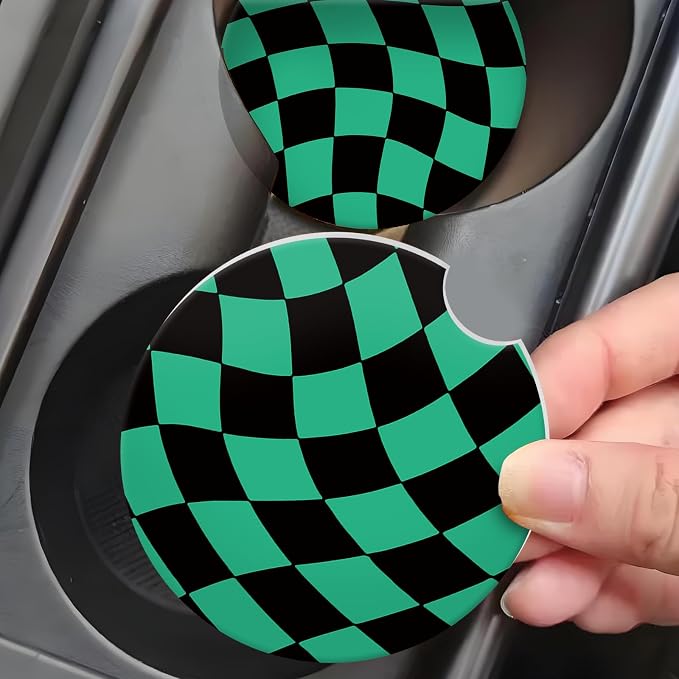 Black Green Checkerd Car Coasters for Cup Holder Absorbent Ceramic Cup Coaster 2 Pack Anti Slip Car Interior Accessories with Finger Notch Cork Base for Women Men 2.56"