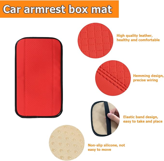 8sanlione Car Armrest Storage Box Mat, Fiber Leather Car Center Console Cover, Car Armrest Seat Box Cover Accessories Interior Protection for Most Vehicle, SUV, Truck, Car (Red)