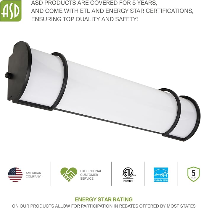 ASD LED 18" Vanity Flush Mount Light Fixture, Linear Bathroom Lighting Bar | 3CCT, Dimmable, Energy Star, ETL Listed | 20W 1650LM 3000-5000K 120V | Long Tube Bath Wall Sconce Over Mirror | Black