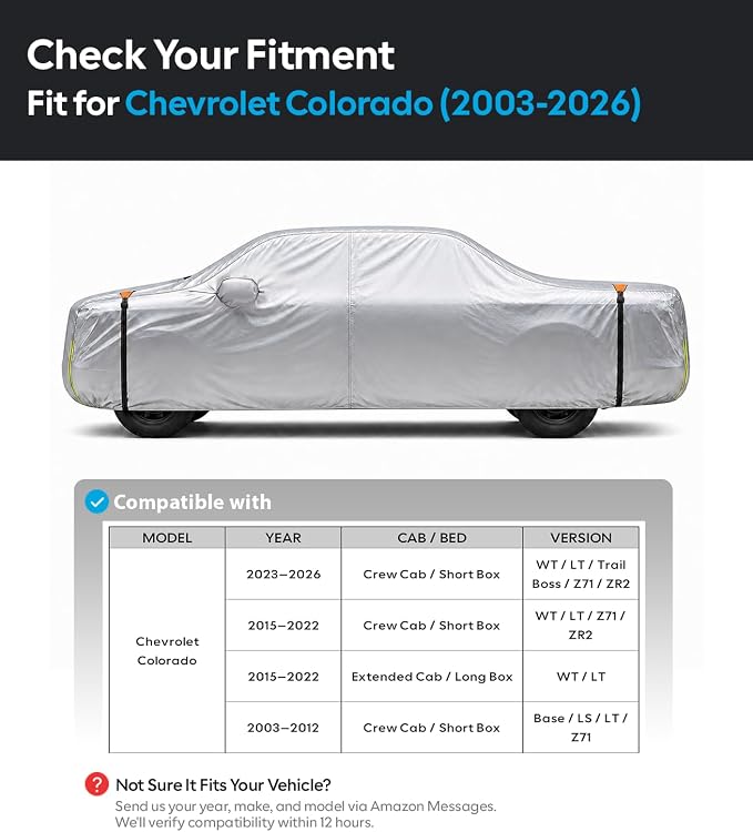 Wigoo Chevrolet Colorado Car Cover 2003-2026, Custom Fit Waterproof All Weather Outdoor Full Exterior Truck Cover, Windproof UV Rain Snow Dust Protection, Paint-Safe Lining, Door Zipper