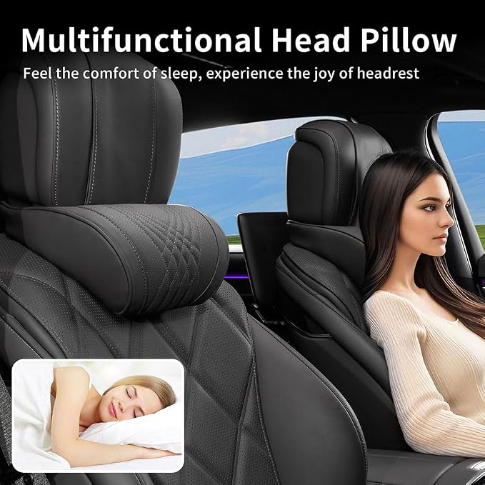 Car Headrest Memory Foam Neck Pillow for Driving with Leather Cover Soft Comfortable Seat Head Pillow Cushion for Most Cars SUV Sedan Home Office Black (2PC)
