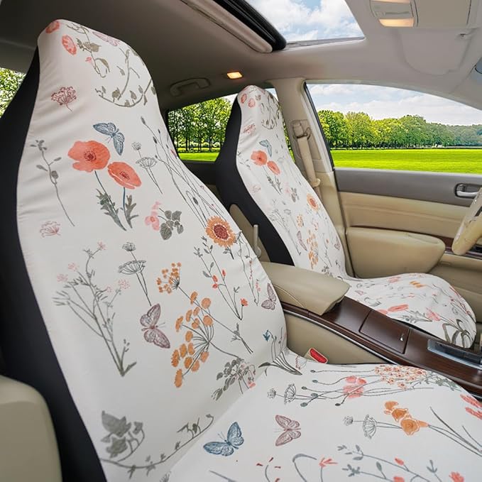 Boho Car Seat Covers Cute - 2PCS Waterproof Front Seat Covers with Car Drying Towel, Airbag Compatible, Universal Fit for Most Vehicle Car Seat Protector for Women SUV Sedans Truck