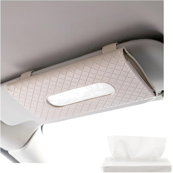 Car Tissue Holder, Leather Sun Visor Hanging Napkin Holder with Tissue Refill, Clip-On Visor Mask Dispenser Premium Paper Towels Case for Vehicles, Universal Car Accessories (Beige)