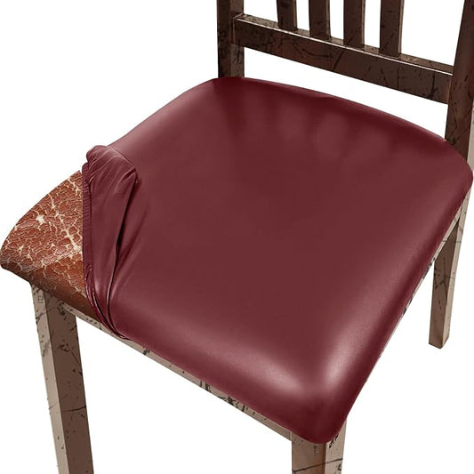 Pu Leather Dining Chair Seat Covers Set of 2, Waterproof Kitchen Chair Covers Stretch Chair Cover for Kitchen/Dining Room/Hotel, Tasteless seat Covers for Chairs (Wine Red - 2 PCS)