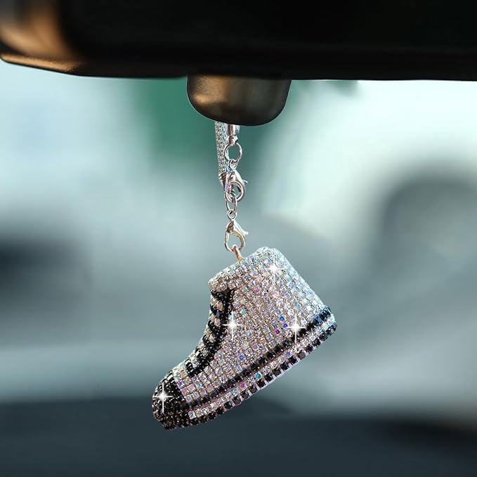 Bling Sneaker Shoe Sparkly Car Hanging Ornament, Cute Crystal Rear View Mirror Pendant, Diamond Rearview Mirror Charms, Lucky Car Interior Decor Accessories (White)