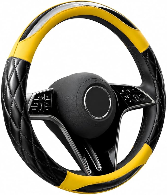 14.5-15 Inch Leather Steering Wheel Cover with Soft Padded Lining, Anti-Slip Comfort Grip, Universal Steering Wheel Protector for Most Cars, SUVs, Trucks (Yellow)