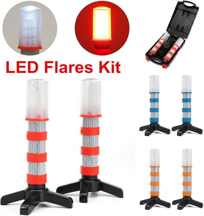 2pcs 3 in 1 LED Flashing Roadside Emergency Beacon Flares Kit Color 3 Colors 2X Multi-function LED Emergency Roadside Flares Magnetic Base Upright Stand