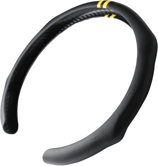 Quick Install Sporty Perforated Nappa Leather Steering Wheel Cover with Yellow Stripes Universal fit 14½" to 15" Car SUV Pickup Steering Wheel