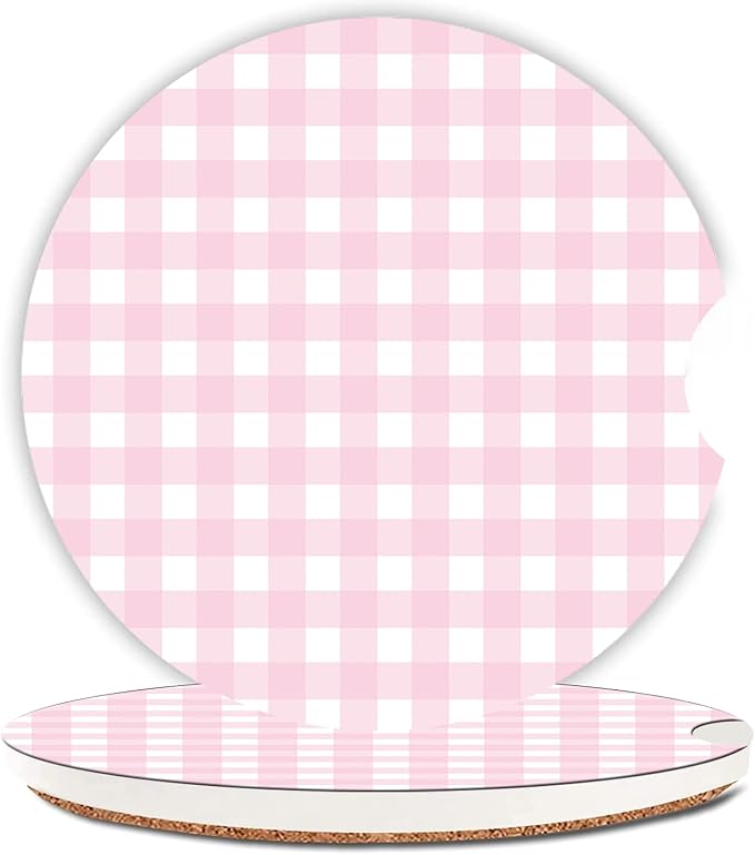 Pink Checkered Car Coasters for Cup Holder Absorbent Ceramic Cup Coaster 2 Pack Anti Slip Car Interior Accessories with Finger Notch Cork Base for Women Men 2.56"