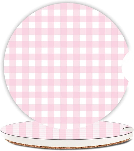 Pink Checkered Car Coasters for Cup Holder Absorbent Ceramic Cup Coaster 2 Pack Anti Slip Car Interior Accessories with Finger Notch Cork Base for Women Men 2.56"