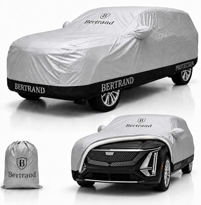 BERTRAND Heavy Duty SUV Car Cover Waterproof All Weather - Snow, Rain & UV Outdoor Protection | Cotton-Lined, Up to 10-Point Anchoring + Zipper Access | Extra Large SUVs, Silver-Black (207x77, S3)