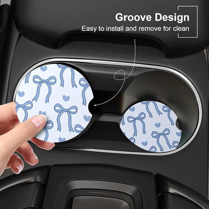 Ceramic Car Coasters – Absorbent Car Cup Holder Coaster Set for Women, Cute Aesthetic Car Accessories for Girls, 2 Pack (Blue)