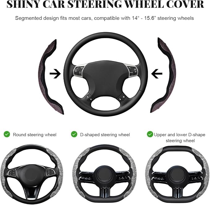 2 PCS Steering Wheel Cover, Segmented Car Wheel Covers with Crystal Rhinestones, Non-Slip Protector Bling Sparkly Decoration for Most Steering Wheels, Car Accessories (Pink)