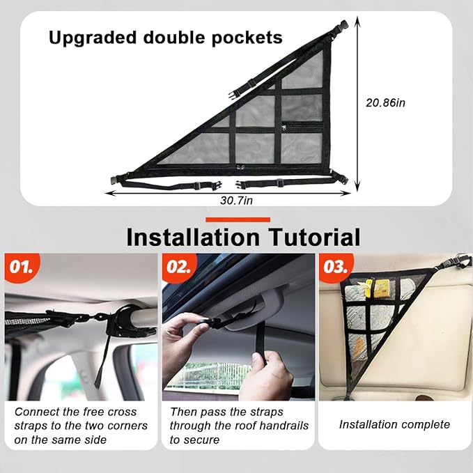 Car Ceiling Cargo Net Pocket, Double-Layer Mesh Strengthen Load Bearing Vehicle Roof Storage Organizer, Auto Interior Cargo Net with Zip Seal, Compatible with Three Handles Vehicle (Black)