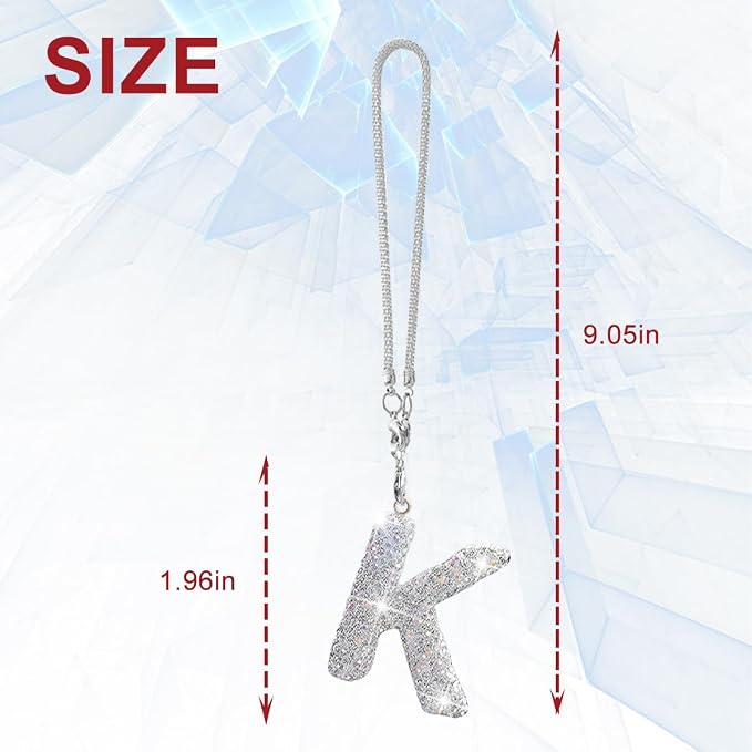 Bling Car Rear View Mirror Letter Charm, Crystal Rhinestone Rear View Mirror Hanging Ornament, Automotive Interior Rearview Mirrors Decoration Accessories, Universal for Vehicles(K)