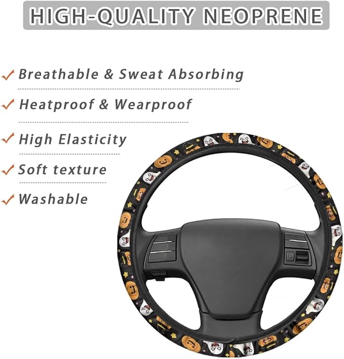 AFPANQZ Elastic Steering Wheel Cover Non-Slip Steering Wheel Protection | Ghost Pumpkin Print, Halloween Decor, Steering Wheel Protector No Smell Fashion Machine Washable Universal