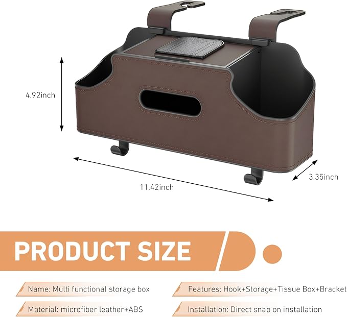 Car Organizer, Car Back Seat Organizer with 2 Drink Cup Holder, Leather Car Storage Box with Tissue Pouch, Multi-functional Behind Seat Storage Case, Universal for Most Vehicles (Brown)