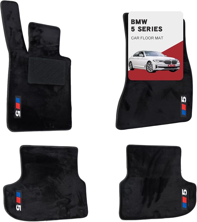 Custom car mats for BMW 5 Series 2018-2023 (530i, 540i, 530e, M550i, 540d) All-Weather Wool Carpet Car Mats, Luminous, Custom Fit, Anti-Slip Full Coverage with Logo