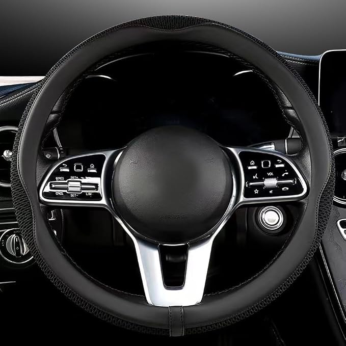 Car Steering Wheel Cover, Universal 15 inch, The Latest Microfiber Leather Breathable Technology Fabric, Non-Slip, Comfortable, Warm in Winter and Cool in Summer (Black)