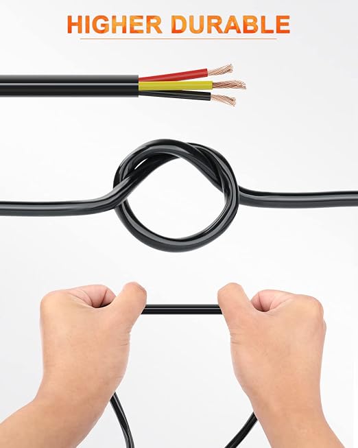 NAOEVO 16 Gauge Wire 3 Conductor Electrical Wire, 16 AWG Stranded PVC Cord, 12V Low Voltage/Tinned Copper/Flexible Cable for Automotive Wiring, Lamp Cord, Marine Cable (50FT)