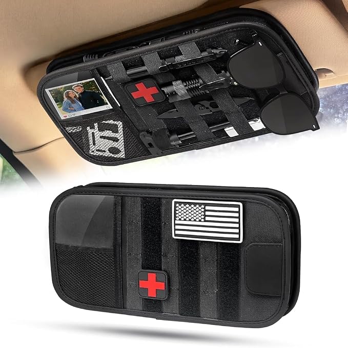 Molle Car Sun Visor Organizer - Tactical Storage Panel with 180° Zipper Pouch & Magnetic Glasses Clip & Photo Holder & Semi-Rigid Molle Panel for Military Gear (1, Black)