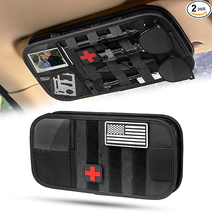 Molle Car Sun Visor Organizer - Tactical Storage Panel with 180° Zipper Pouch & Magnetic Glasses Clip & Photo Holder & Semi-Rigid Molle Panel for Military Gear (2, Black)