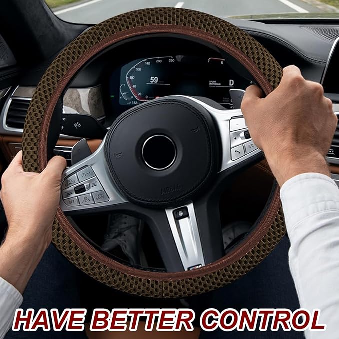 Breathable Elastic Steering Wheel Cover,15 Inch Stretch Steering Wheel Protector,Microfiber Ice Silk Anti-Slip Car Wheel Cover,Odorless Comfort Grip Interior Accessory for Cars SUV Truck（Brown）