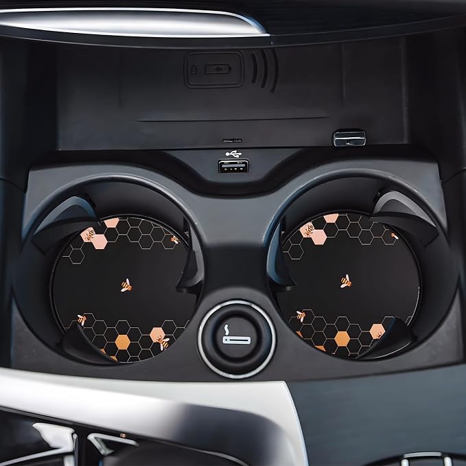 Car Cup Holder Coasters, 2 Pack – 2.75" Universal Auto Anti-Slip Insert Coaster, Rubber Car Coasters, Personalized Car Accessories for Women & Men (Bee Honeycomb)