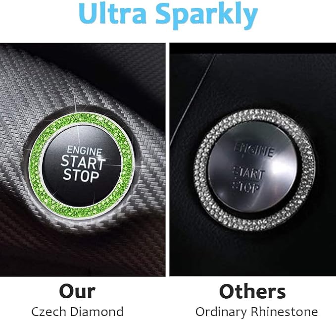 ToBeQueen Bling Car Crystal Rhinestone Ring Emblem Sticker, Car Interior Decoration, Bling Car Accessories for Women, Push to Start Button, Key Ignition Starter & Knob Ring (Green)
