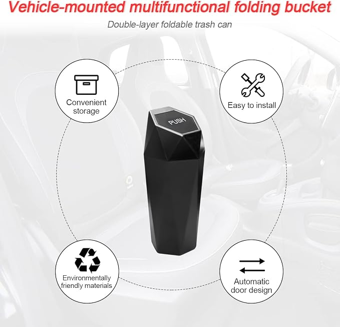 2PCS Car Trash Can with Lid, Mini Portable Auto Garbage Can, Small Leakproof Diamond Design Trash Dustbin, Waterproof Vehicle Rubbish Bins for Automotive Car, Home, Office, Kitchen, Bedroom (Black,2)