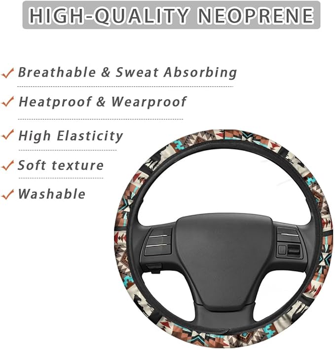 Wanyint Car Steering Wheel Cover, 15 Inch Soft Breathable Steering Wheel Protector for Women Men, Universal Fit for SUV Sedan Van Truck, Aztec Horse Cowboy Cactus
