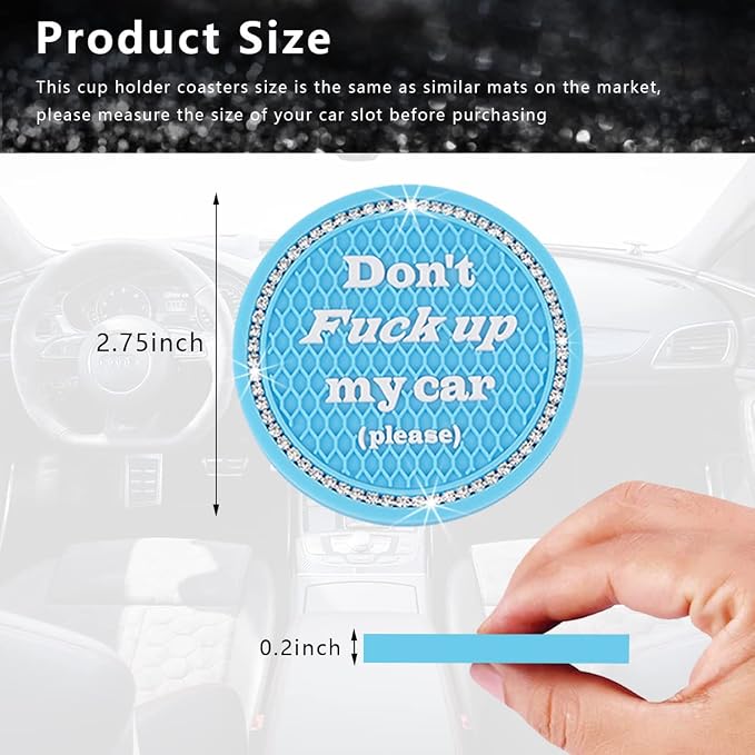 Ziciner 2 Pack Bling Car Cup Holder Coasters with Start Stop Button Cover, 2.75 inch Crystal Rhinestone Soft Rubber Auto Cup Insert Pad, Non-Slip Universal Vehicle Interior Accessories (Light Blue)
