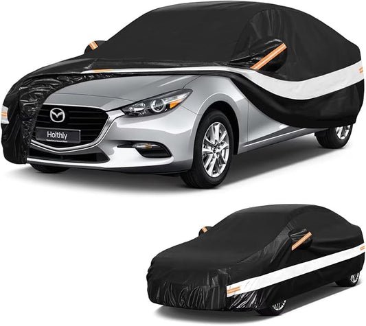 10 Layers Car Cover Custom Fit for Mazda 3 Sedan(2006-2026), Waterproof All Weather for Automobiles, Outdoor Full Cover Sun Dust Rain Protection with Cotton. Black