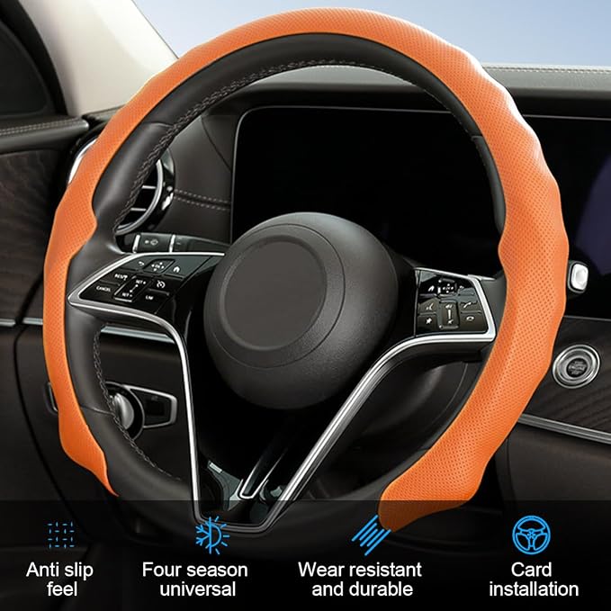 Car Steering Wheel Cover, 15 inch Nappa Leather Anti-Slip & Ultra-Thin 5D Vehicle Steering Wheel Protector, Breathable Automotive Interior Accessories, Universal Fit (Orange)