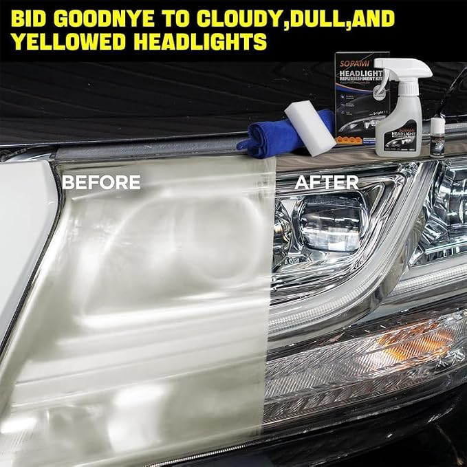 SOPAMI Car Headlight Restoration Kit Headlight Cleaner | Restores Clear Yellowed Car Plastic and Protects from Re-Oxidation Includes coating agent and towel, sponge wipe