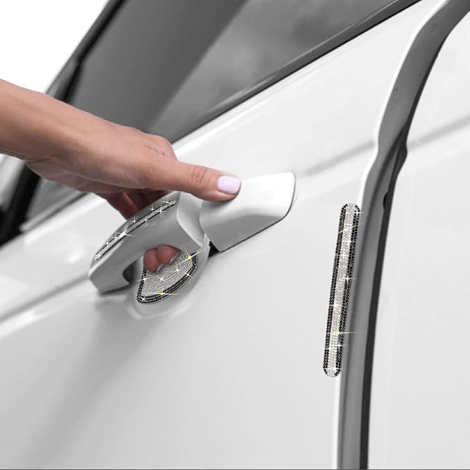 10PCS Car Door Handle Bling Rhinestones Stickers, Black & Sliver | Universal Auto Door Handle Safety Reflective Strips, Cute Car Decoration
