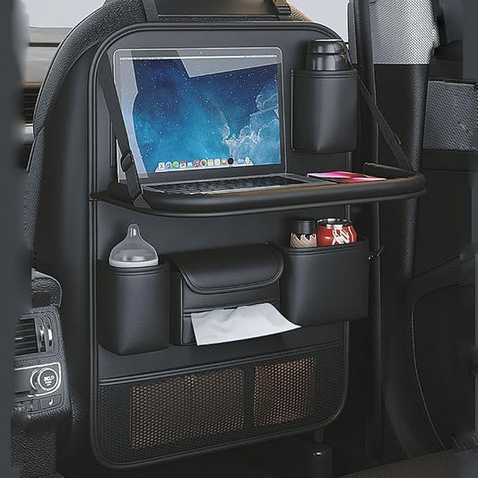 Leather Car Seat Back Organizer with Foldable Tray Table, Backseat Car Organizer with Tablet Pocket, Cup Holders, Tissue Pocket, Mesh Pockets, Kick Mat, Black, 1 Pack