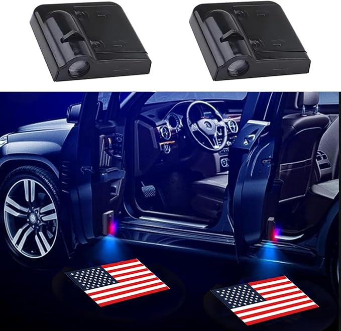 2PCS Car Door Light Projector, Universal LED Welcome Shadow Lights for Cars/SUVs/Trucks, Easy Installation Step Entry Lights, Durable Auto Door Accessories (American Flag)