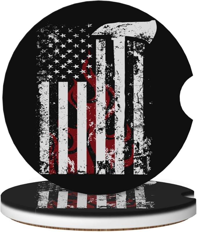 American Flame Axe Firefighter Flag Absorbent Ceramic Car Coasters 2 Pack Round Insert Cupholder Coaster Car Cup Holder Mat With Finger Notch Anti-Slip Cork Base Reusable Drink Coasters 2.56 in