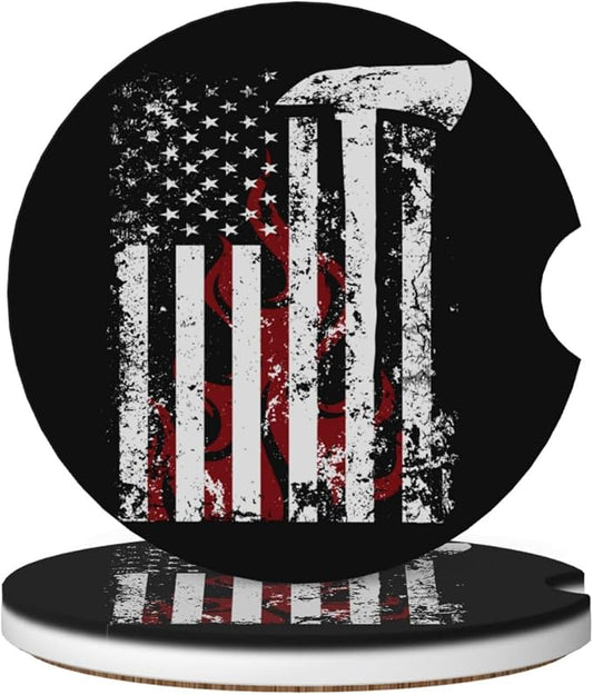 American Flame Axe Firefighter Flag Absorbent Ceramic Car Coasters 2 Pack Round Insert Cupholder Coaster Car Cup Holder Mat With Finger Notch Anti-Slip Cork Base Reusable Drink Coasters 2.56 in