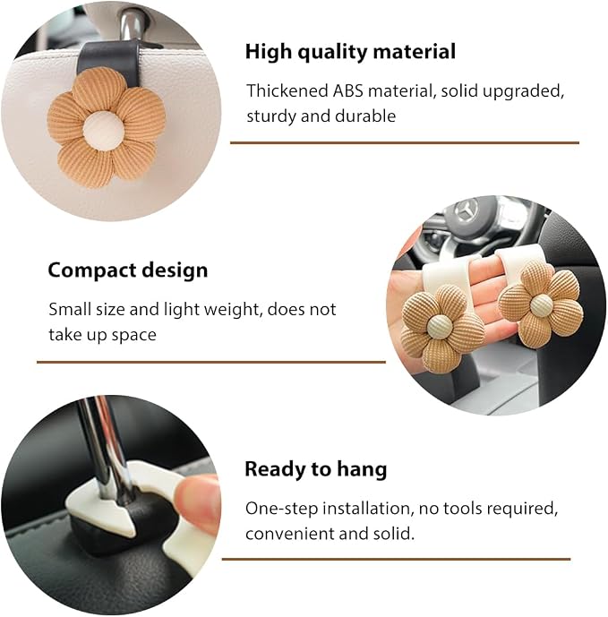 4 PCS Car Seat Headrest Hooks, Cute Flower Car Seat Back Organizer Bag Holder Hooks, Automotive Seat Hook Hanger Storage Organizer for Purse Cloth Grocery Bags, Car Accessories (Brown+Black)