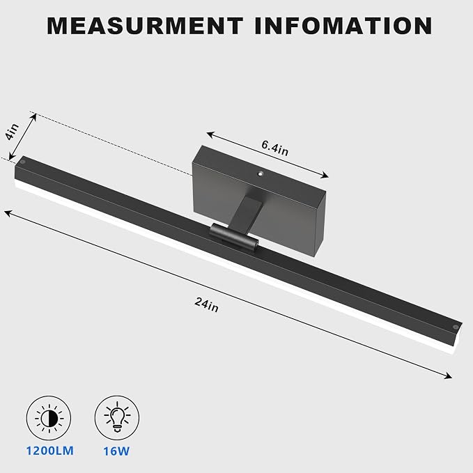 IZORRO Modern Bathroom Vanity Light 24 inch, Rotatable, 16W Dimmable Led Bathroom Light Fixture Over Mirror, Black Vanity Light Bar (Cool White 6000K)