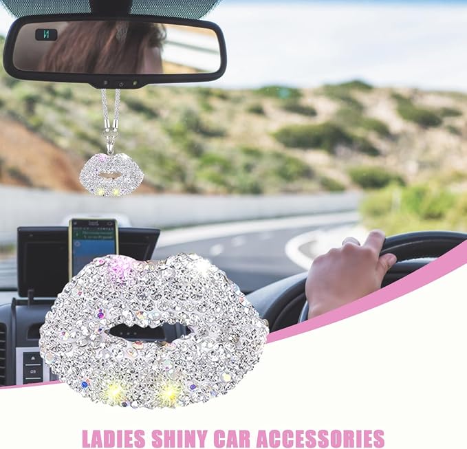 Bittwee Bling Lip Diamond Car Hanging, Crystal Rinestones Auto Rear View Mirror Charms Ornament, Lucky Vehicle Interior Pendant Decoration Accessories, Universal for SUV Sedan Truck(White)