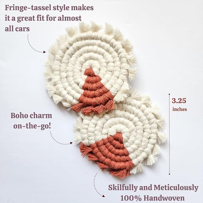 Cotton Car Coasters for Cup Holders, 2PC Car Cup Coasters, Drink Coaster Holder, Cute cupholder Coaster Accessories for Women, Macrame, Boho (Cappuccino)