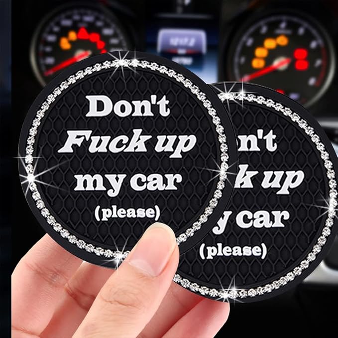 Ziciner 2 Pack Bling Car Cup Holder Coasters with Start Stop Button Cover, 2.75 inch Crystal Rhinestone Soft Rubber Auto Cup Insert Pad, Non-Slip Universal Vehicle Interior Accessories (Black)